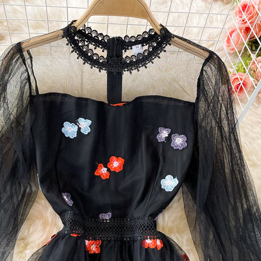 Black Lace Tulle Long Sleeve Dress Fashion Dress RF0362
