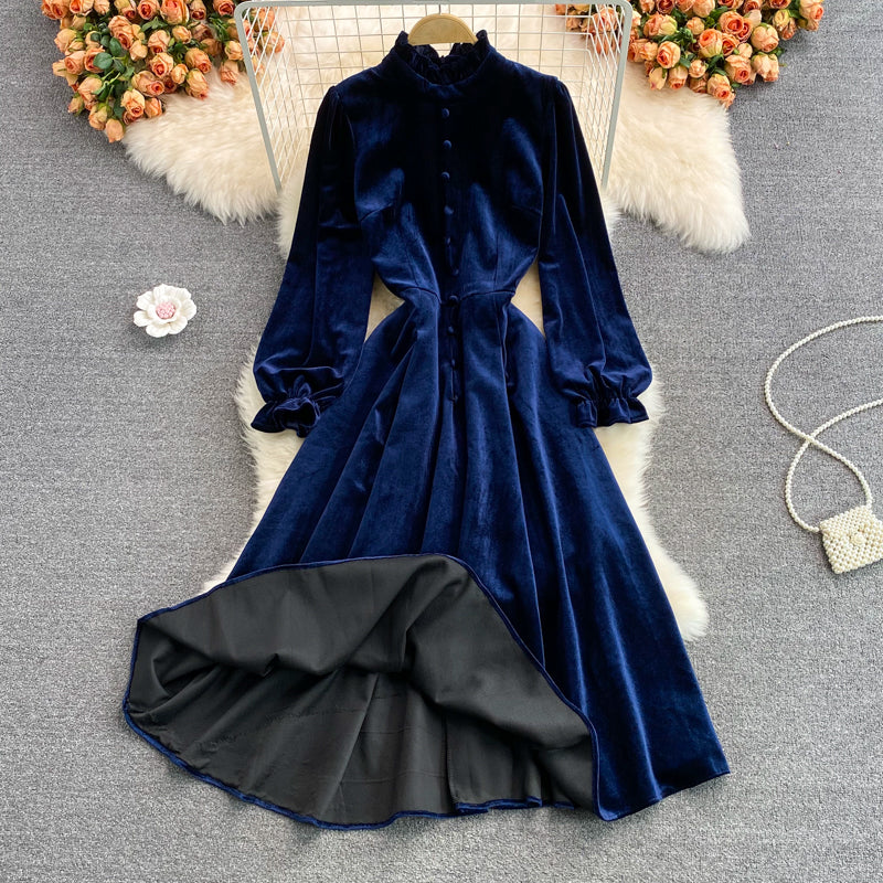 Blue Velvet Long Sleeve Dress Autumn Coat RF0345