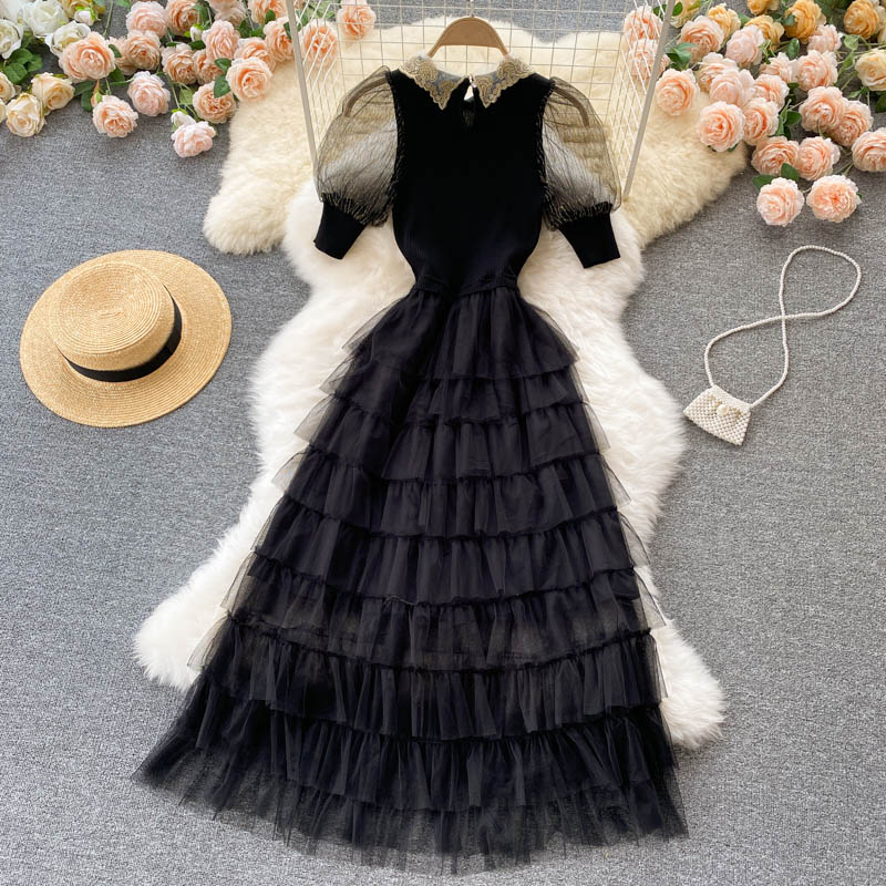 Stylish Black A Line Knitted Patchwork Dress RF0337