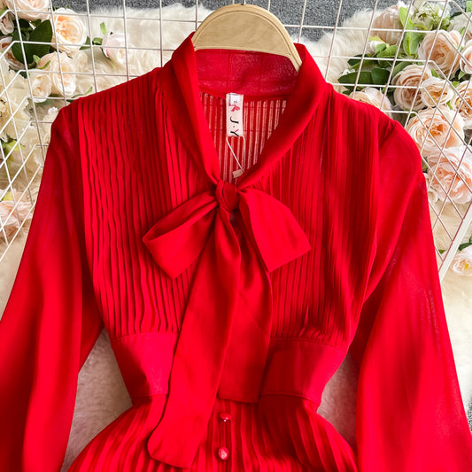 Red Chiffon Long Sleeve Dress Fashion Dress RF0323