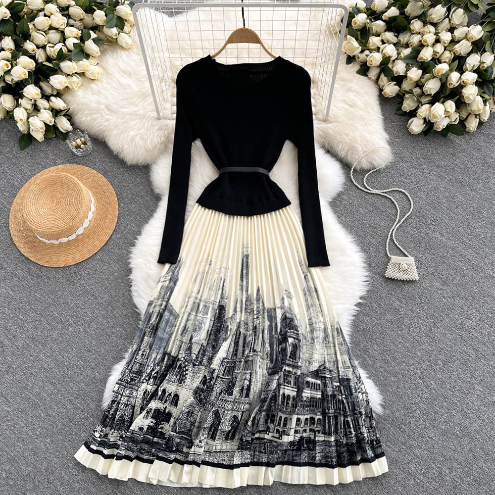 Black A Line Knitted Panel Dress Black Long Sleeve Dress RF0318