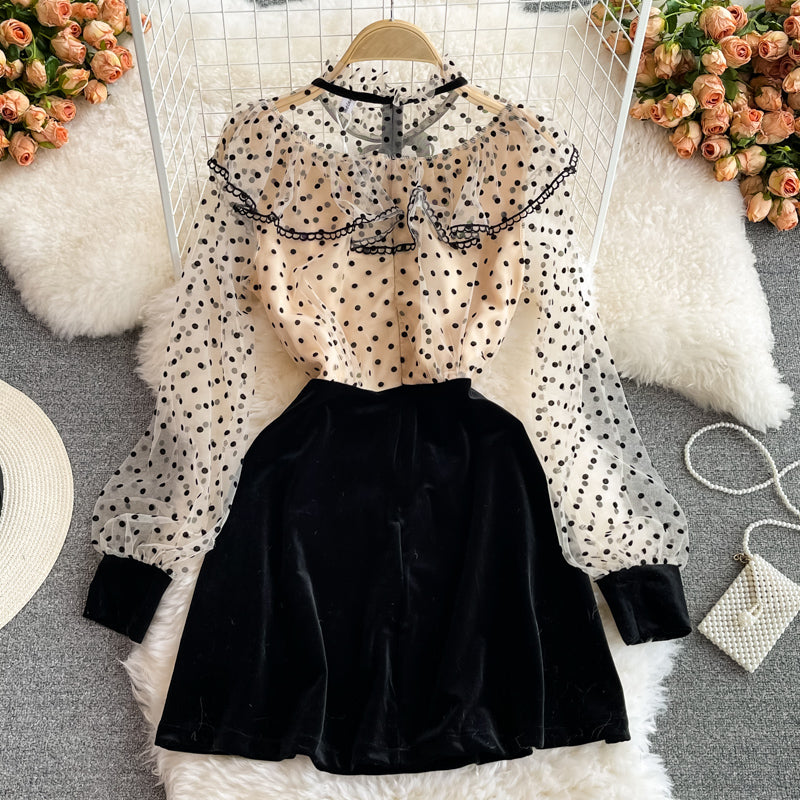Cute Polka Dot Stitching Long-sleeved Dress RF0316