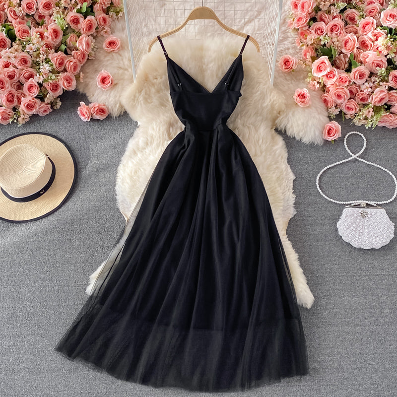 Simple V Neck Tulle Short Dress Black Party Dress RF0312