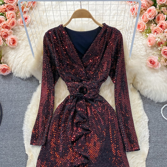 Shiny V Neck Sequins Dress Fashion Dress RF0308