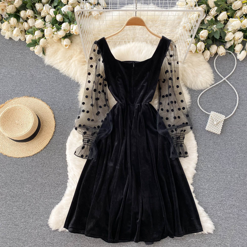 Cute Velvet Long Sleeve Dress Black Fashion Dress RF0289