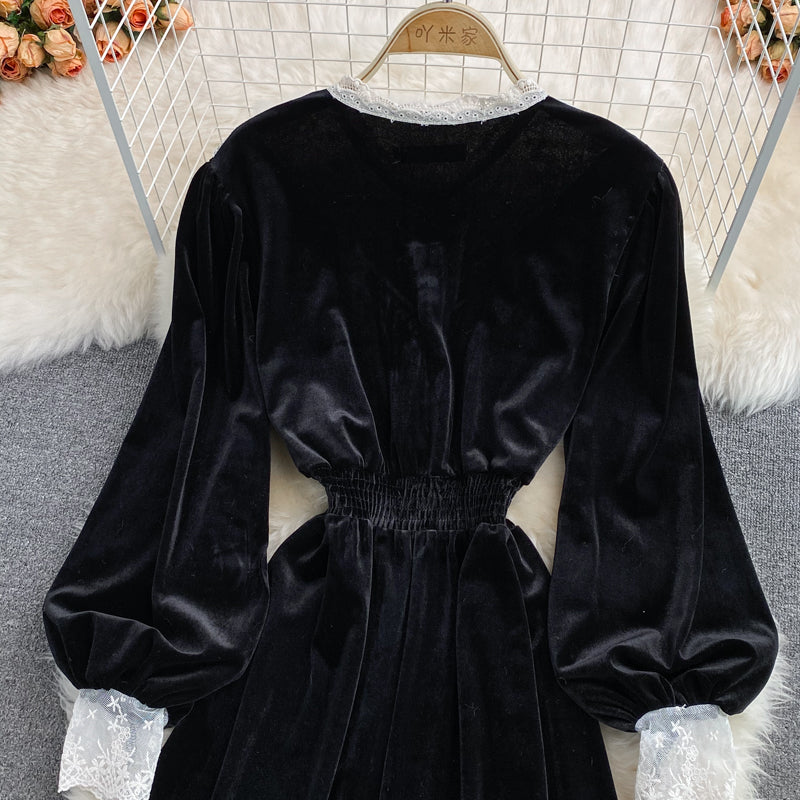 Black Velvet Lace Long Sleeve Dress Black A Line Dress RF0281