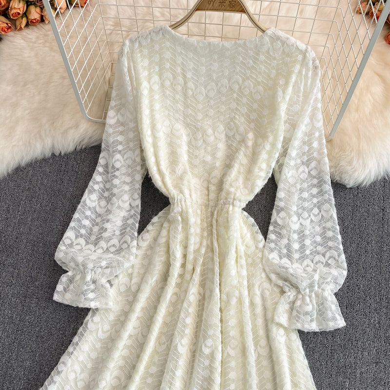 Champagne V Neck Lace Long Dress Fashion Dress RF0259