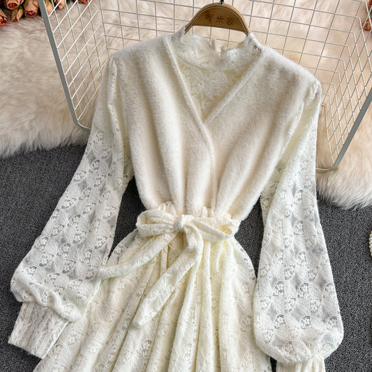 Elegant V Neck Lace Dress A Line Long Sleeve Dress Sweater Dress RF0249