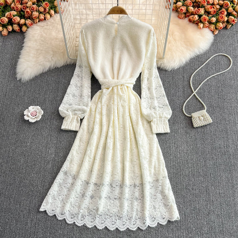 Elegant V Neck Lace Dress A Line Long Sleeve Dress Sweater Dress RF0249