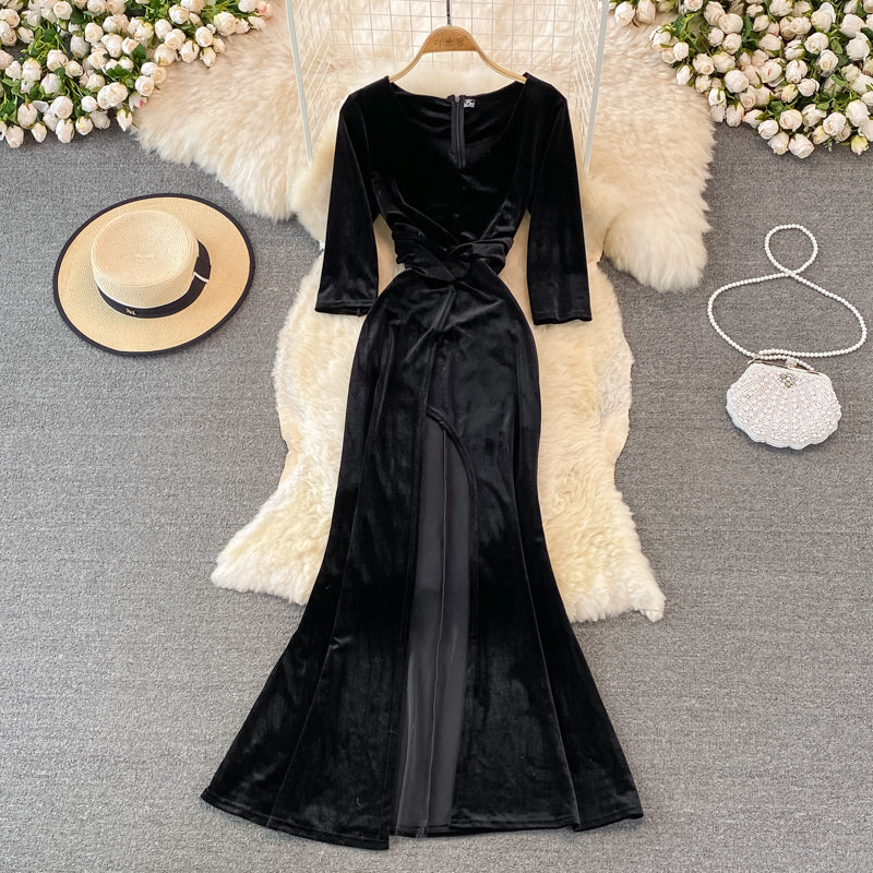 Stylish V Neck Velvet Long Dress Fashion Dress RF0246