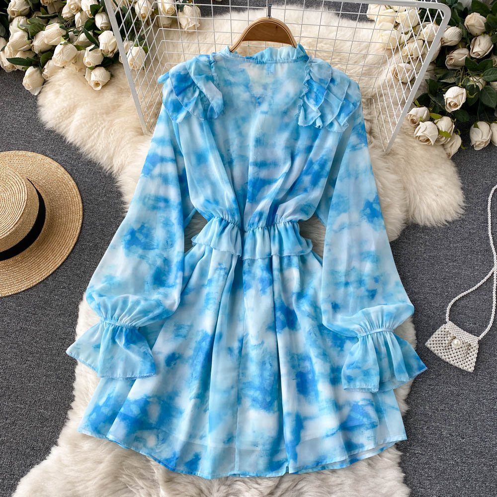 Stylish Blue Long Sleeve Dress A Line Fashion Dress RF0241
