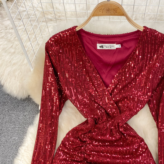 Sexy V Neck Sequins Short Dress Fashion Dress RF0234