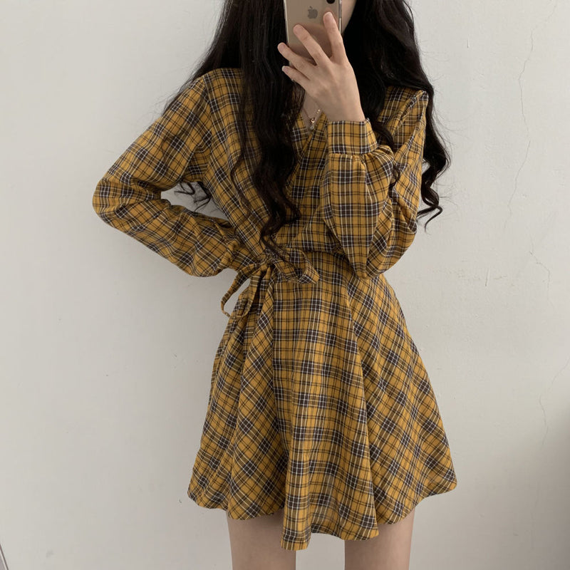 Cute V Neck Long Sleeve Plaid Dress Fashion Dress RF0225