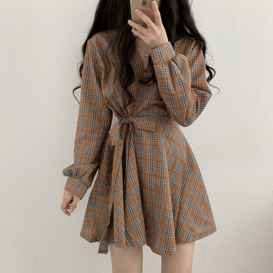 Cute V Neck Long Sleeve Plaid Dress Fashion Dress RF0225