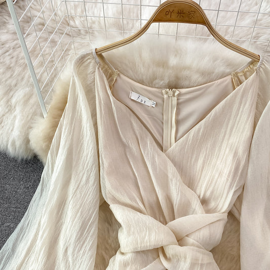 Champagne V Neck Long Sleeve Dress Fashion Dress RF0217