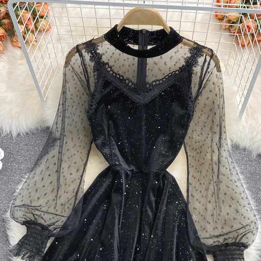 Black Velvet Lace Short Dress Black Fashion Dress RF0212
