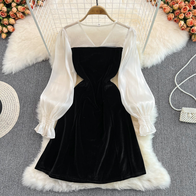 Cute V-neck Bow Long Sleeve Dress Black Fashion Dress RF0211
