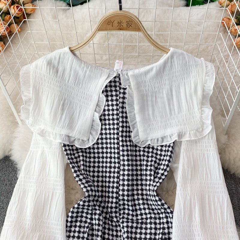 Cute Houndstooth Long Sleeve Dress A Line Fashion Dress RF0185