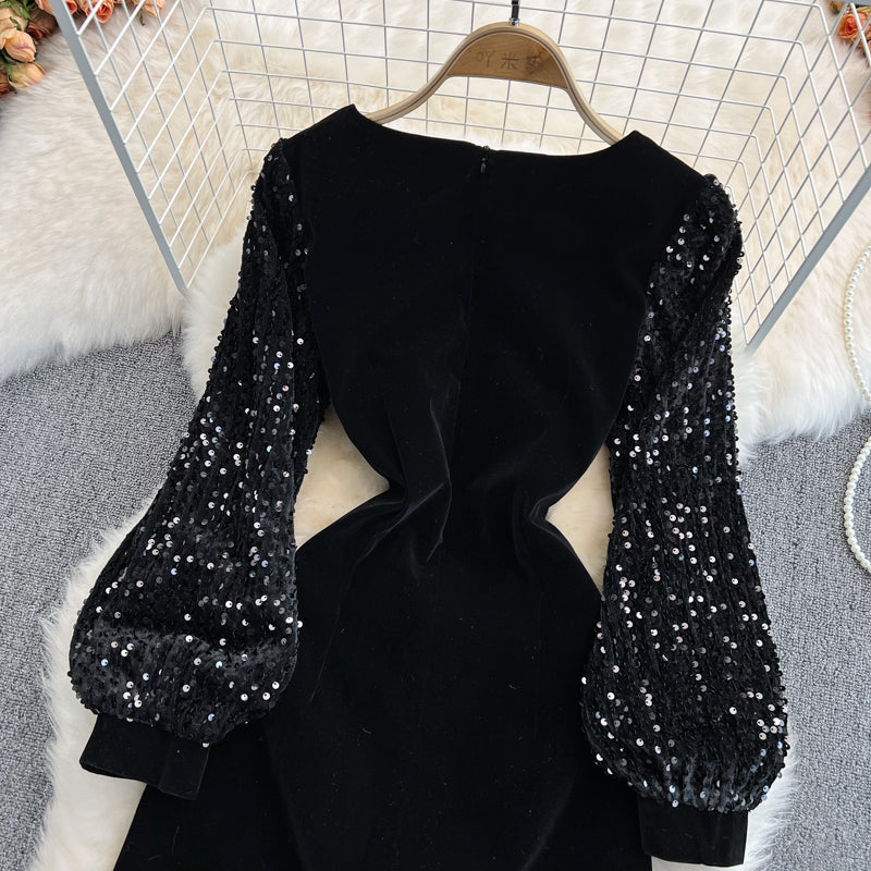 Black Velvet Sequins Short Dress Fashion Dress RF0161