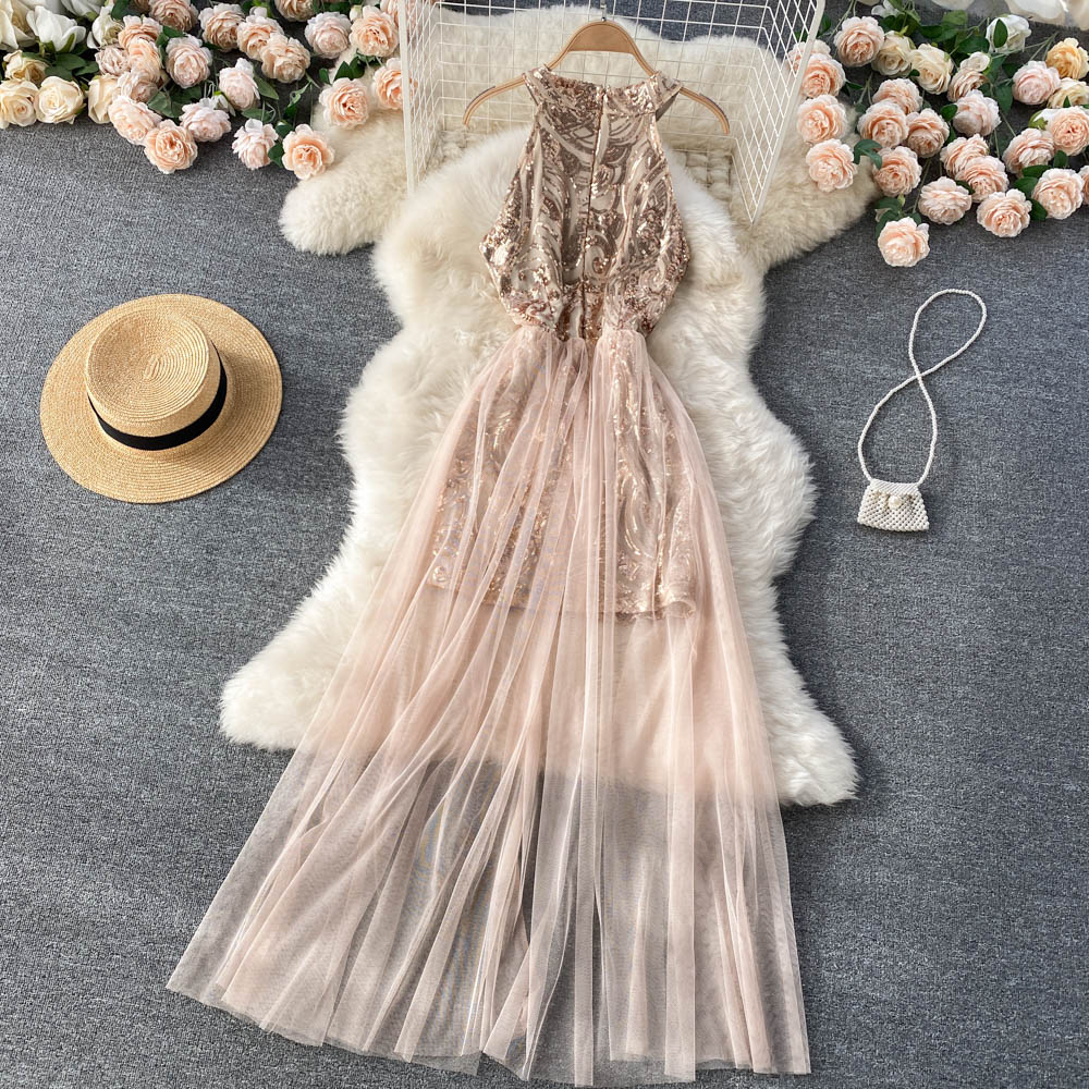 Halter Neck Sequin Dress With Mesh Net RF0148