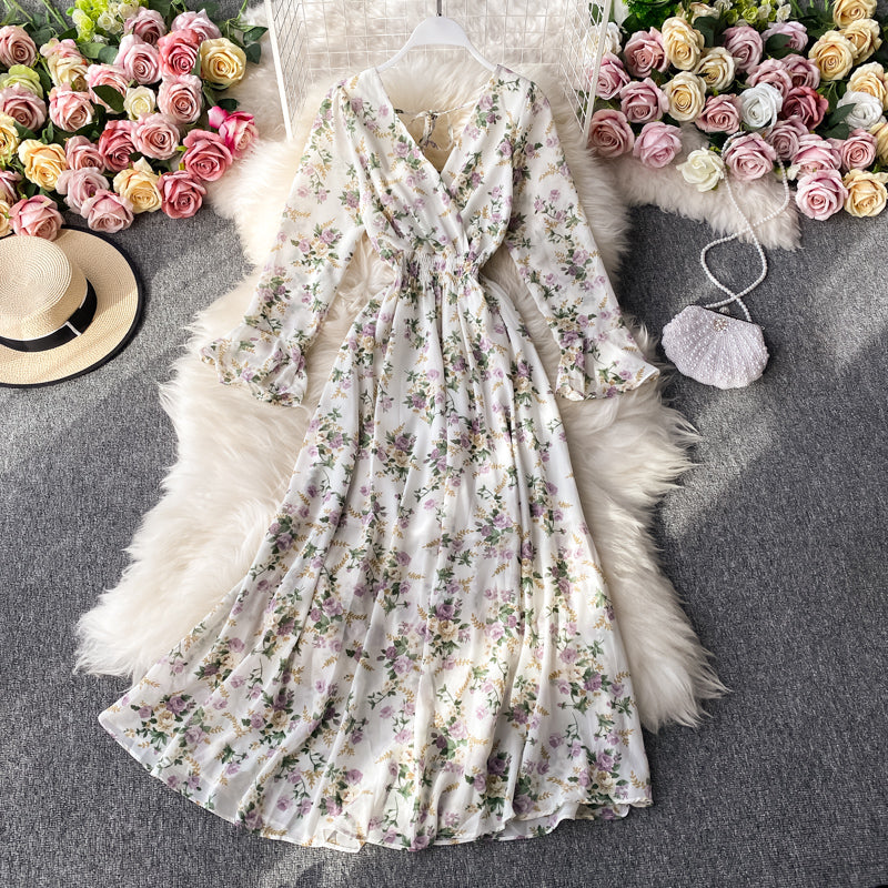Simple V Neck Floral Dress A Line Fashion Dress RF0135