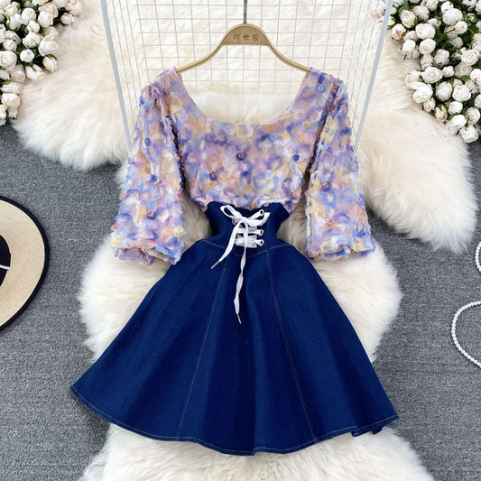 Cute Denim Chiffon Panel Dress RF0099
