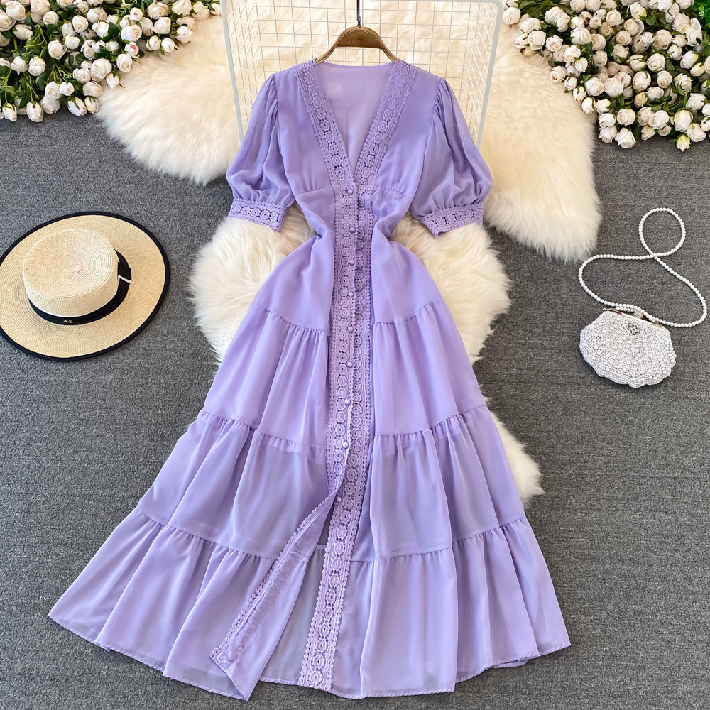 Stylish V Neck Chiffon Lace Dress Fashion Dress RF0076