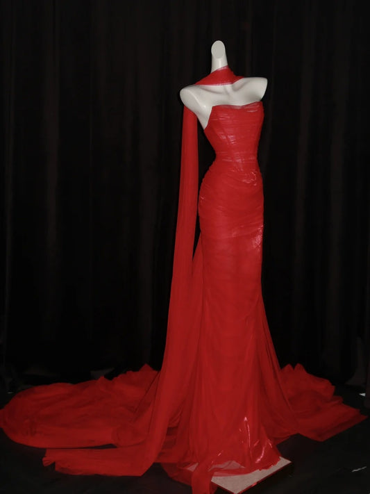 Stunning Mermaid Sweetheart Red Tulle With Scarf Long Prom Dresses Inspiration Evening Dress Princess Graduation Gown N1087