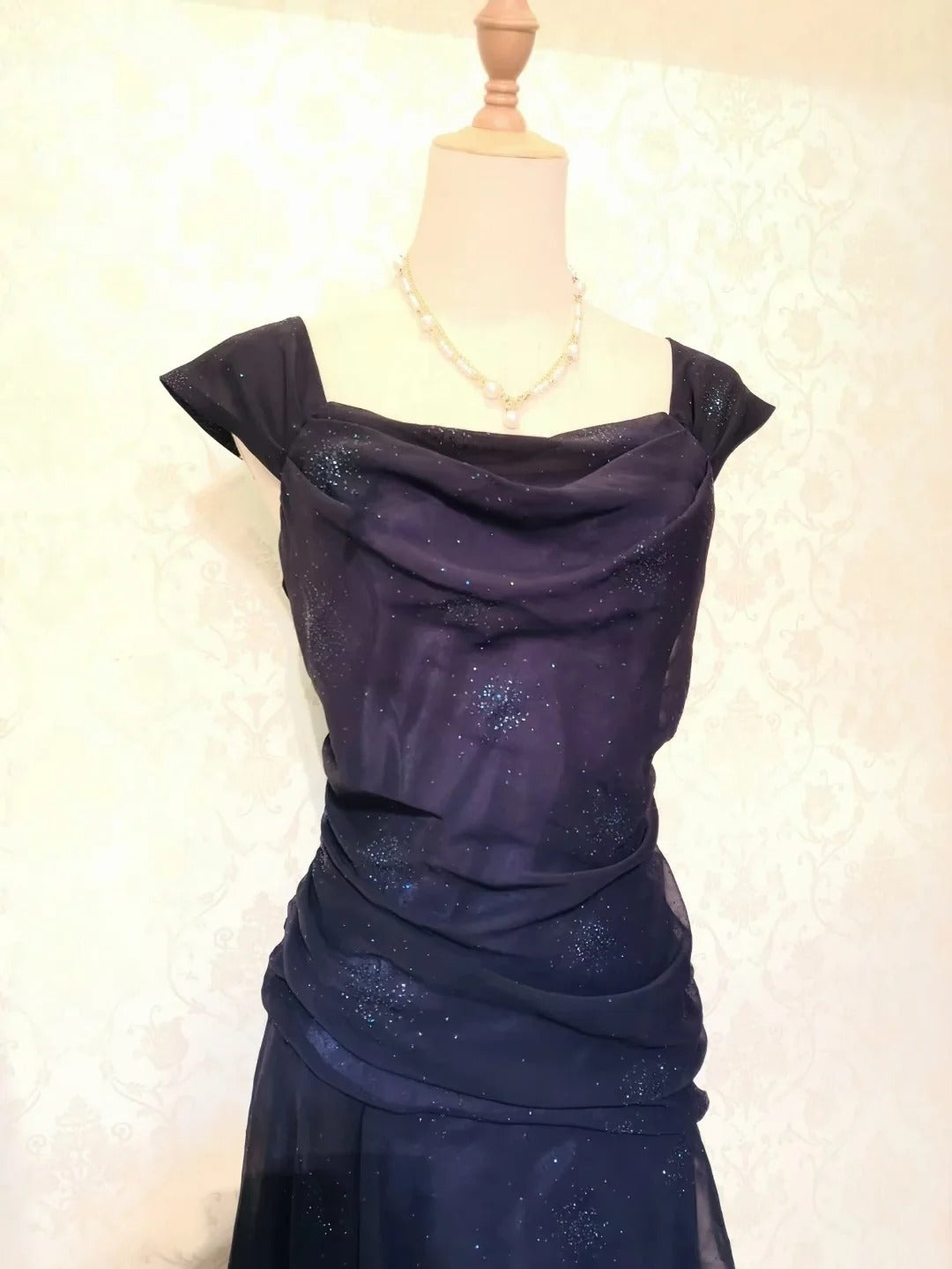 Vintage Prom Dresses 70s A line Square Neck Navy Blue With Ruffled Sleeveless Evening Formal Outfits RB4306