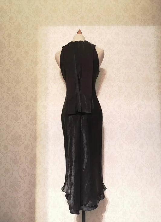 Vintage Prom Dresses 70s Sheath High Neck Black Tie Dress Tea Length Formal Outfits RB4311