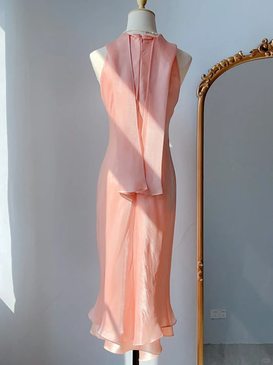 Vintage Prom Dresses 90s Mermaid High Neck Pink With Ruffles Sleeveless Knee Length Evening Formal Outfits RB4254
