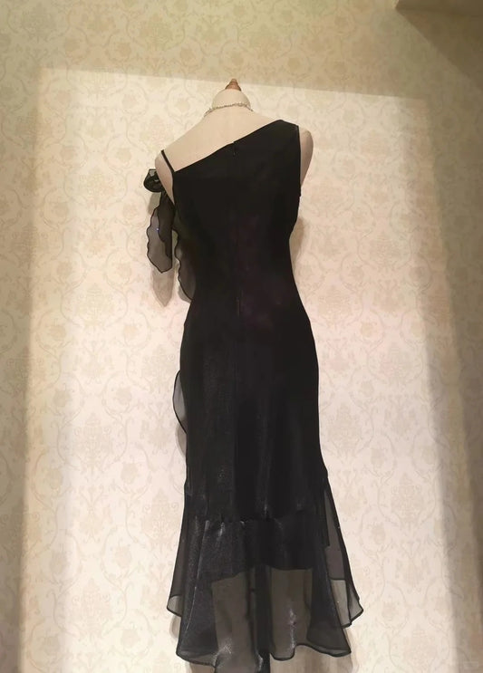 Vintage Prom Dresses 70s Mermaid Little Black Dress With Ruffle Tea Length Formal Outfits RB4298