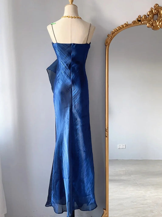 Vintage Prom Dresses 80s Sheath Spaghetti Straps Navy Blue Sleeveless Floor Length Evening Formal Outfits RB4272