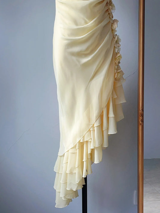 Vintage Prom Dresses Mermaid Spaghetti Straps Yellow Chiffon With Ruffles Sleeveless Long Evening Formal Outfits RB4258