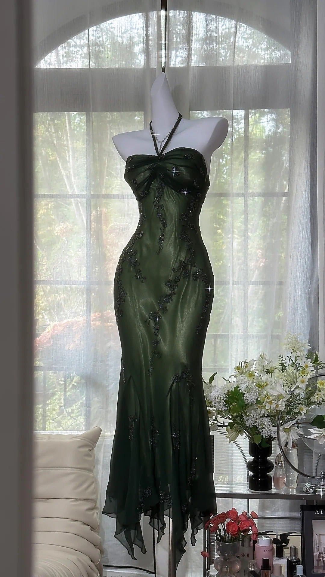 Sparkly Prom Dresses Mermaid Halter Green With Beaded Long Evening Outfits N3543