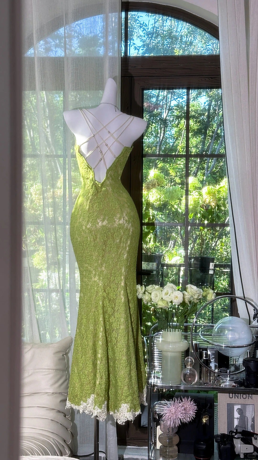 Modest Prom Dresses Mermaid Spaghetti Strap Green Sleeveless Lace Long Evening Outfits N3566