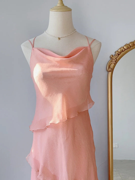 Modest A Line Spaghetti Strap Pink Tea Length Spring Summer Event Outfits Wedding Guest Dresses RB3239