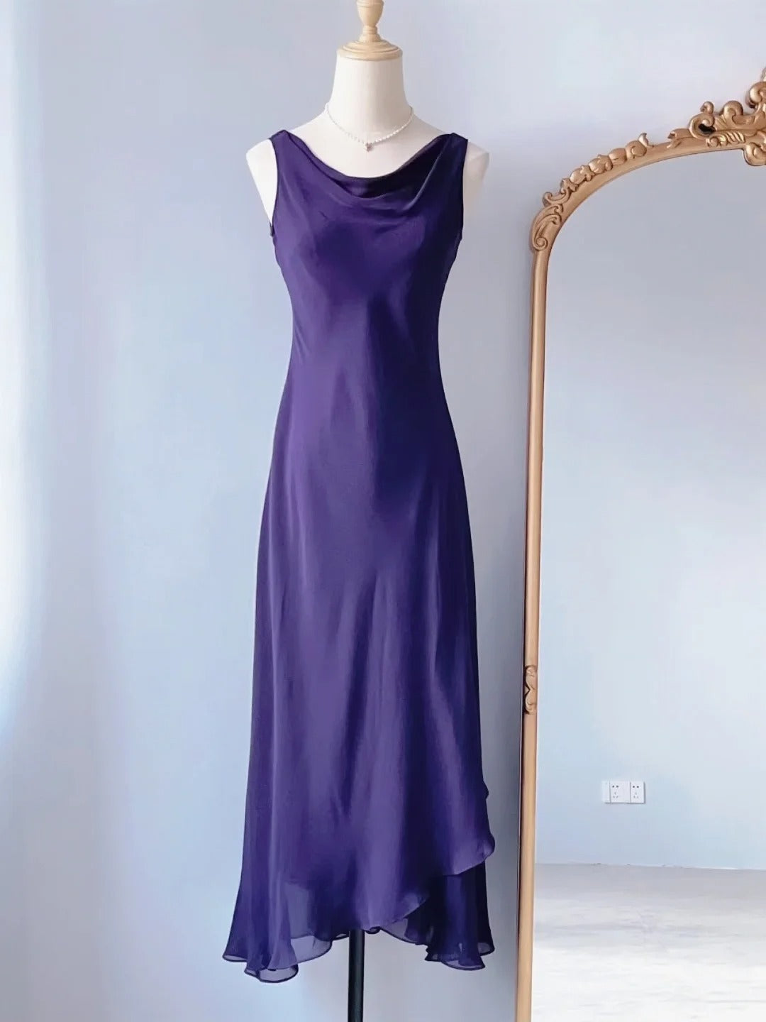 Vintage Prom Dresses 80s A line Cowl Neck Grape Chiffon Sleeveless Tea Length Evening Formal Outfits RB4261