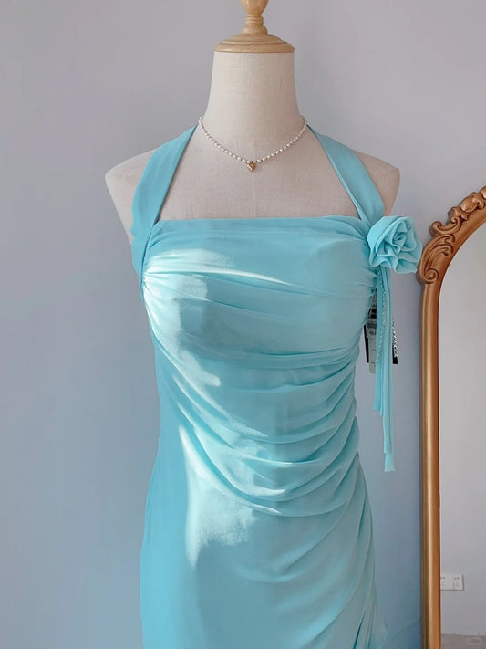 Modest Mermaid Halter Blue Irregular Tea Length Spring Summer Event Outfits Wedding Guest Dresses RB3238