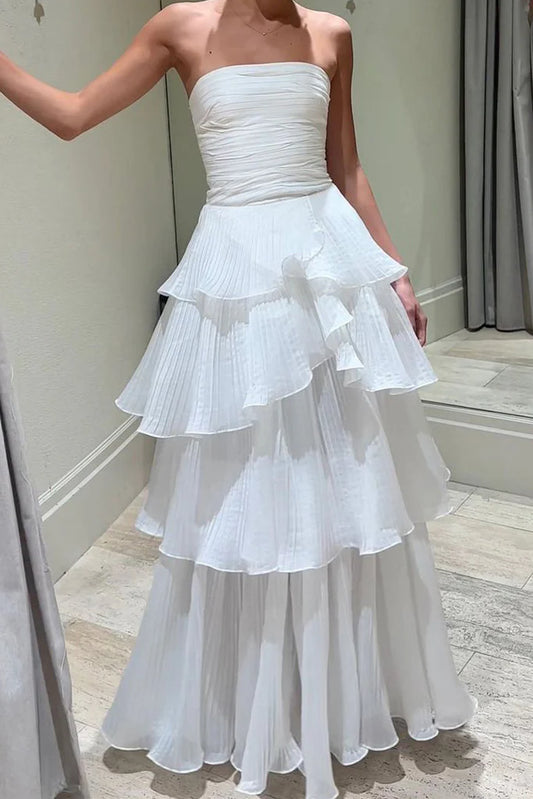 Elegant Strapless Tiered Floor Length Prom Dress, A Line Ruched Long Formal Evening Dress AB198