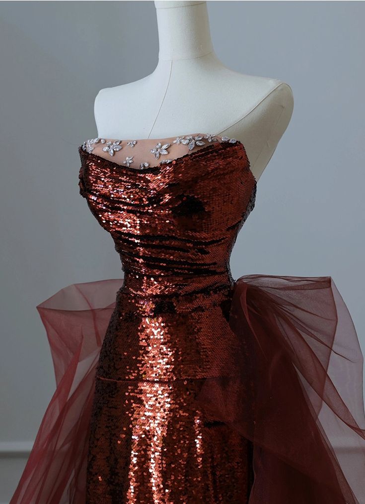 Mermaid Burgundy Mermaid Sequins Tulle Strapless Prom Dress Inspiration Prom Dresses AB127
