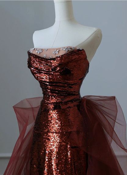 Mermaid Burgundy Mermaid Sequins Tulle Strapless Prom Dress Inspiration Prom Dresses AB127