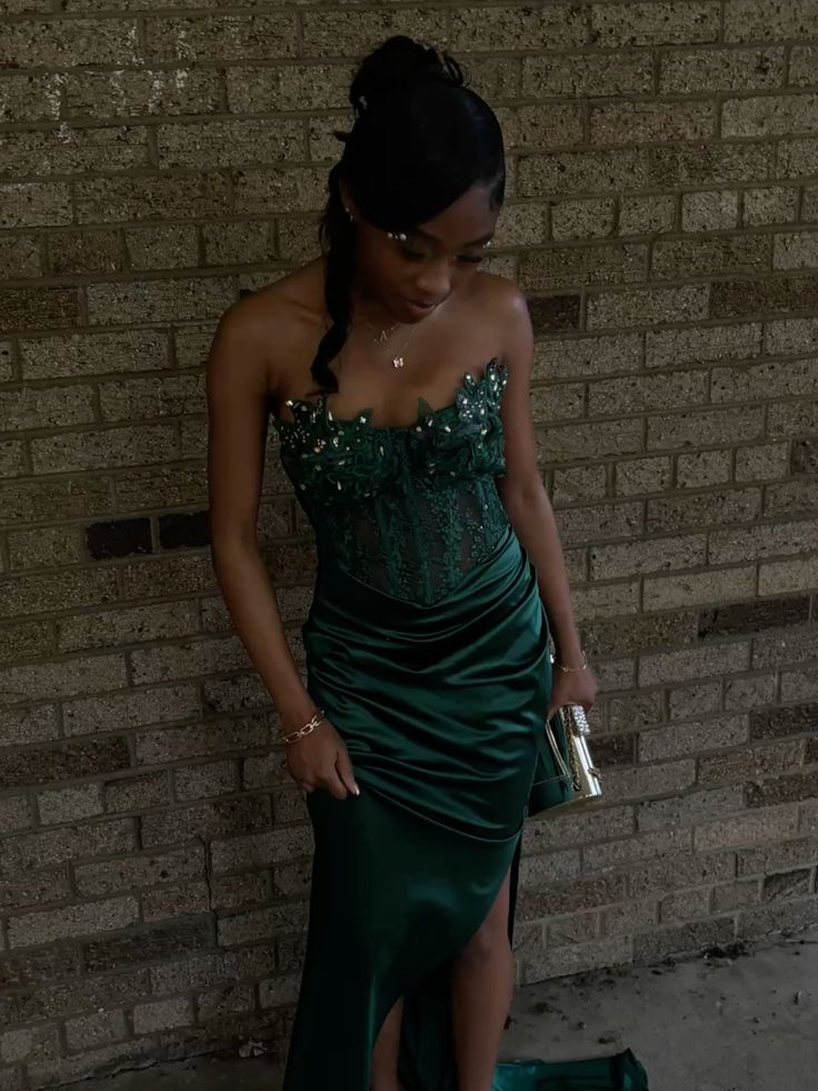 Gorgeous Mermaid Sweetheart Dark Green Slit Lace Beaded Bodice Prom Dresses Long Formal Party Gown AB367