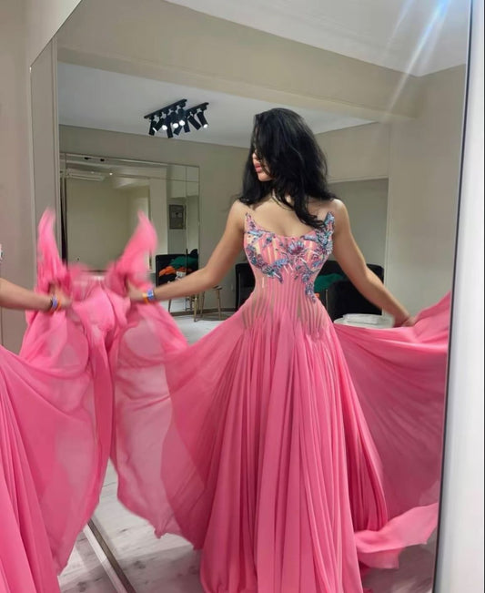 Sexy A line Strapless Pink Chiffon Drop Waist Evening Dresses Night Date Prom Dress For Women AB2550