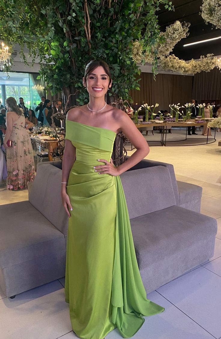 Simple Sheath One Shoulder Satin Sleeveless Green Long Prom Dresses Wedding Guest Dress Classy Prom Gowns AB242