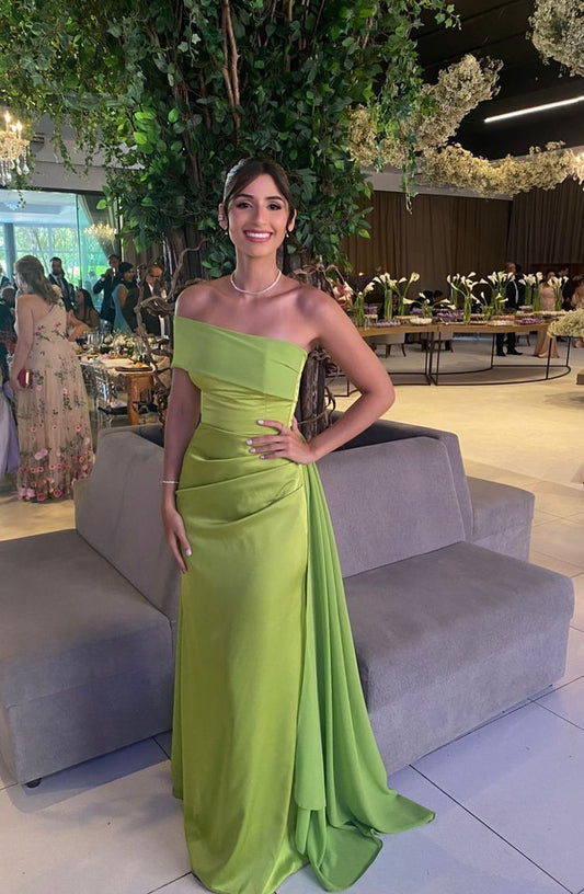Simple Sheath One Shoulder Satin Sleeveless Green Long Prom Dresses Wedding Guest Dress Classy Prom Gowns AB242