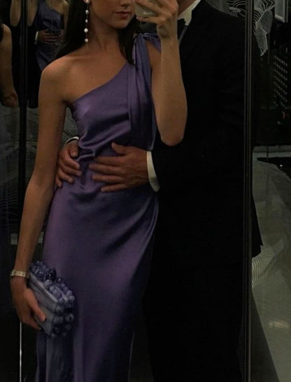 One Shoulder Purple Satin Mermaid Long Evening Prom Dresses AB1550