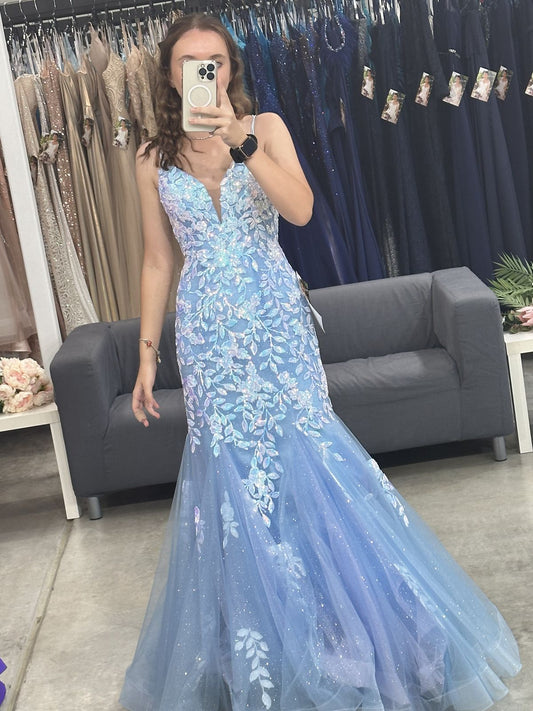 Blue Tulle Lace Party Dress Mermaid Spaghetti Straps Long Sexy Prom Dresses Evening Gowns AB1569