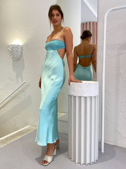 Spaghetti Straps Sheath Aqua Blue Prom Dress Formal Satin Party Dress AB1556
