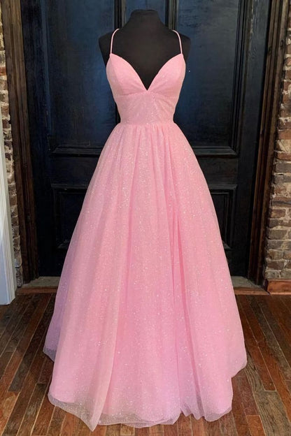 Prom Dress Ball Gown Empire Pink Shiny Tulle Long Formal Gown for Women Graduation Party RB9464